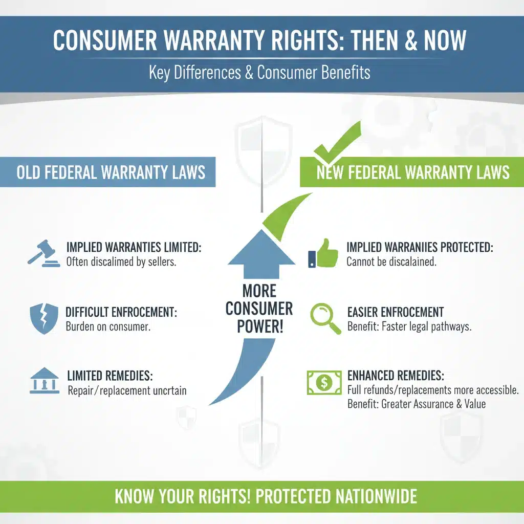 Infographic comparing old vs. new federal warranty laws for consumers.