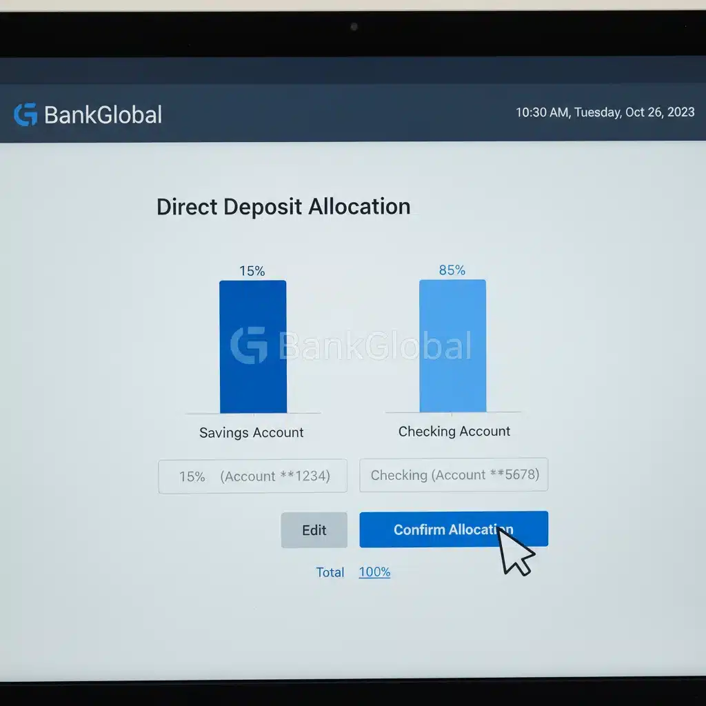 Online banking portal showing 15 percent direct deposit allocation