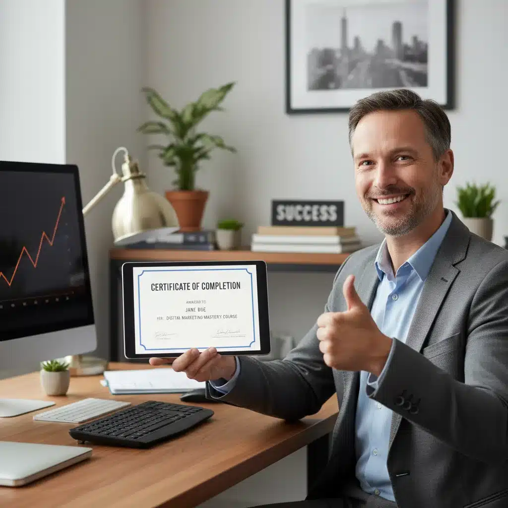 Professional celebrating completion of an online course for career advancement