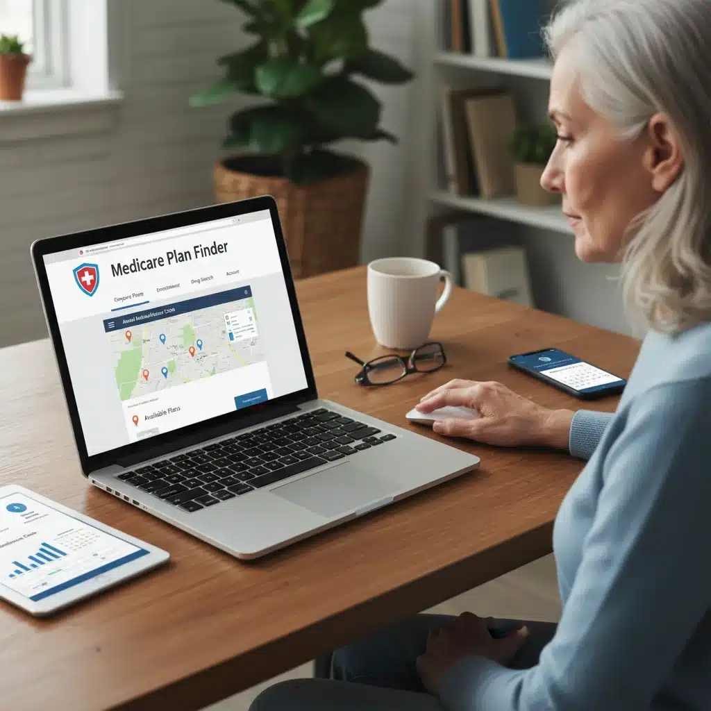 Individual researching Medicare plans on a laptop, indicating online resource utilization.