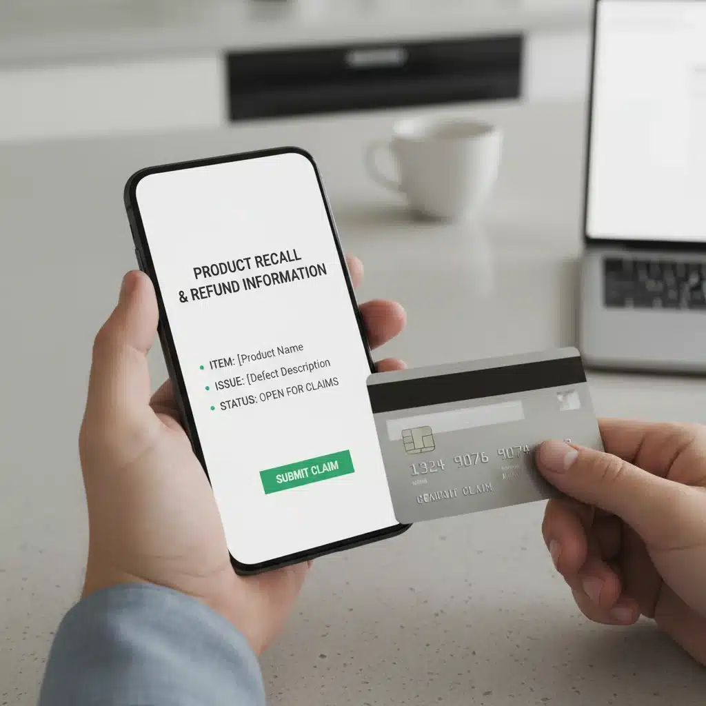 Smartphone showing recall claim website and credit card