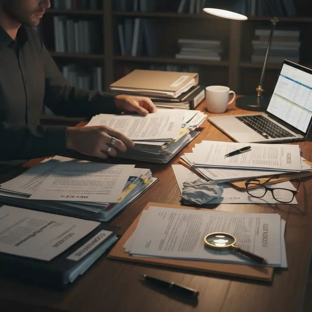Person organizing legal documents and evidence for small claims court preparation.