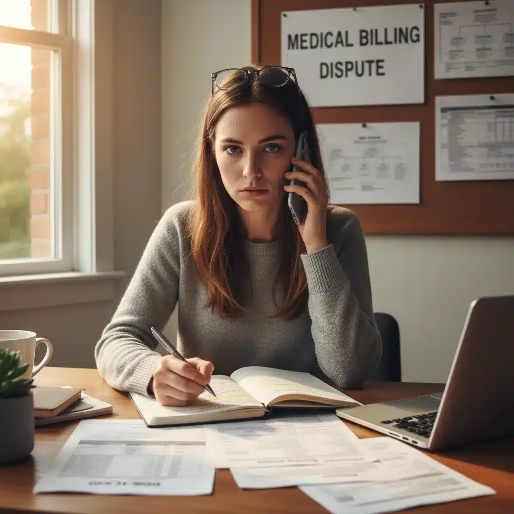 Patient on the phone with a billing department, actively disputing a charge and taking notes, demonstrating consumer advocacy.