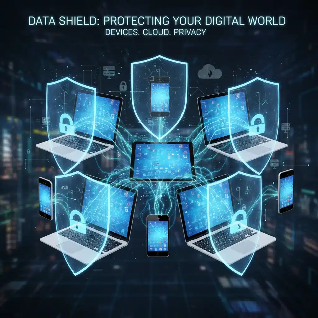 Digital devices with data flow and protective shields, symbolizing personal data protection.