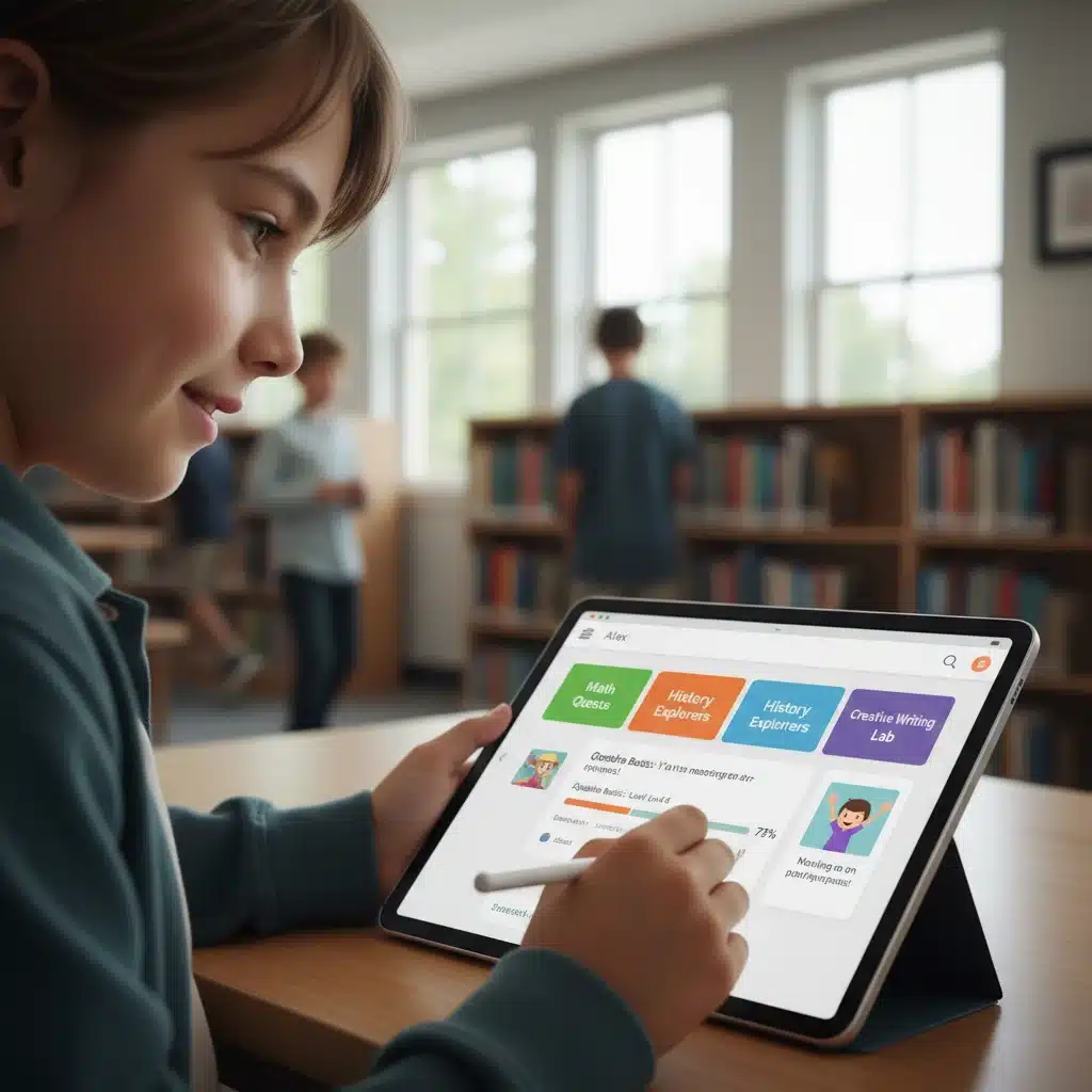 Student using personalized learning software on a tablet for adaptive education.