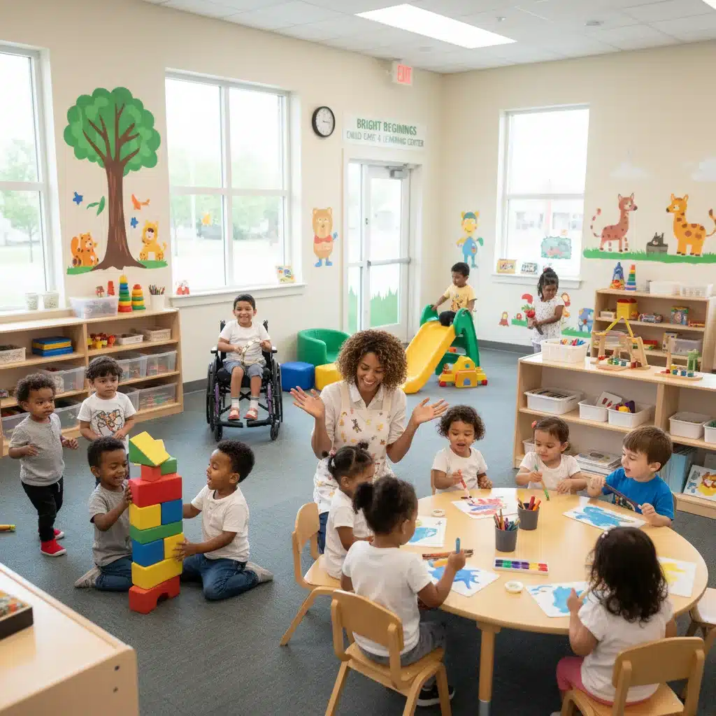 Diverse children playing and learning in a quality child care center with an educator.