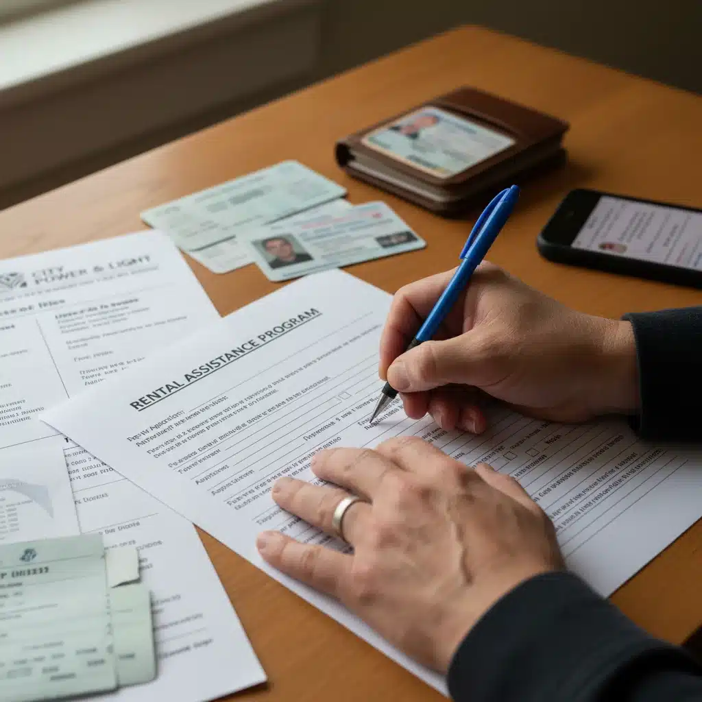 Hands completing an emergency rental assistance application form.