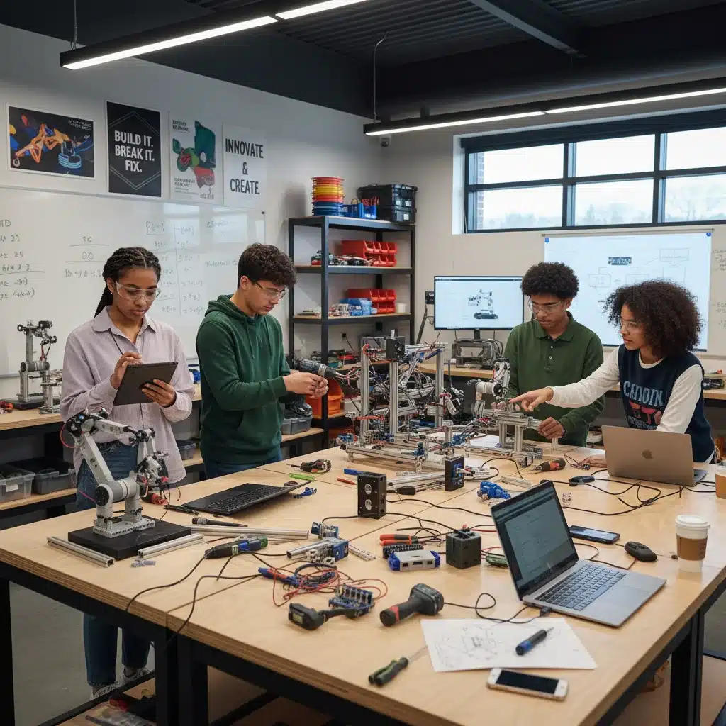High school students collaborating on a robotics project in a makerspace