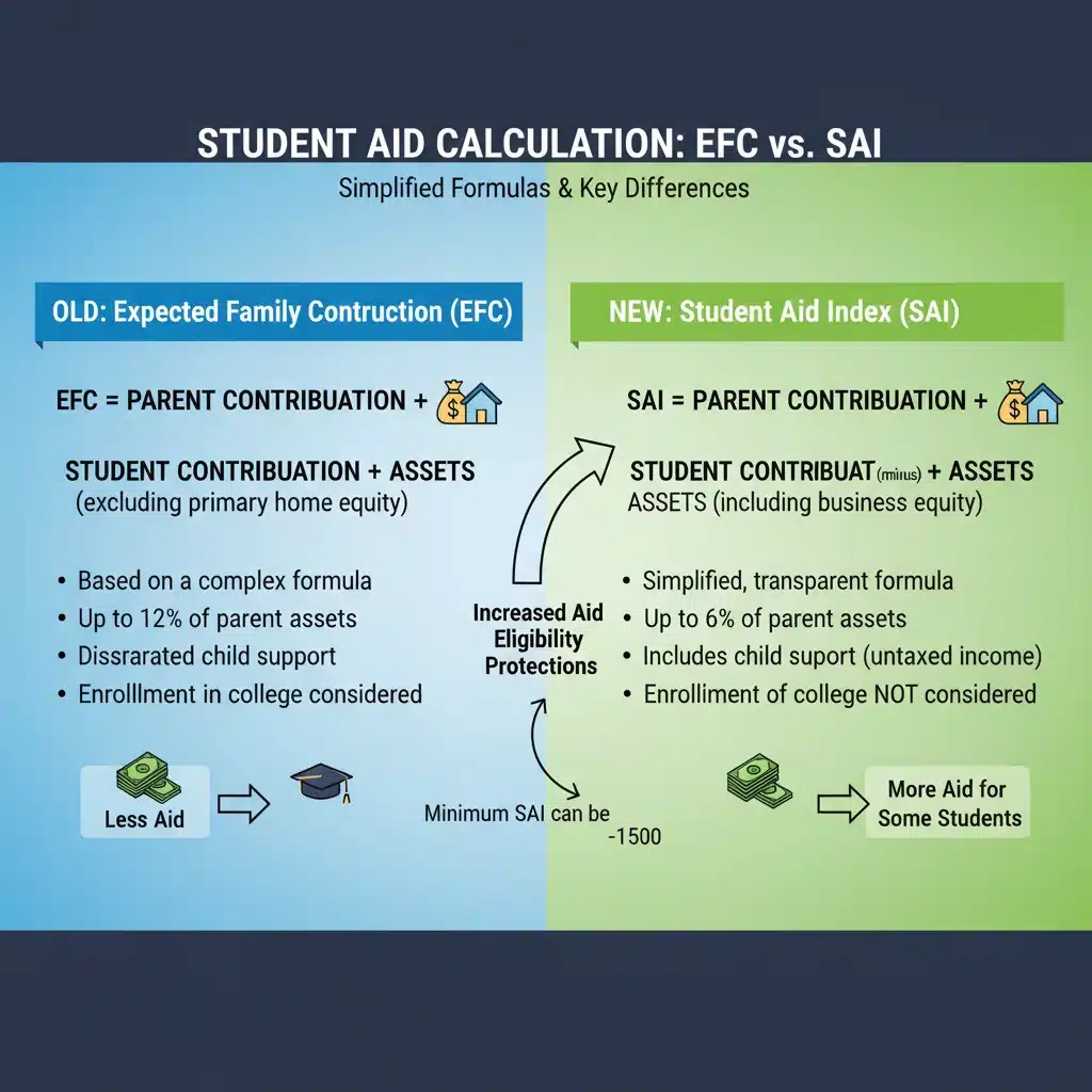 Infographic explaining the transition from EFC to Student Aid Index (SAI) in the new FAFSA changes.