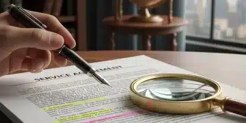 Pen hovering over a service agreement document, magnifying glass, legal scrutiny