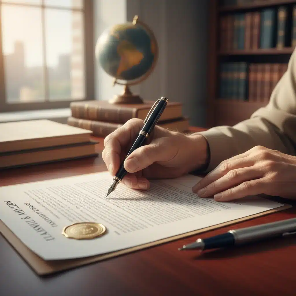 Hands signing a legal document, symbolizing the finalization of a will or trust.
