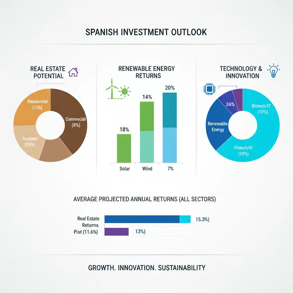 Infographic detailing investment sectors in Spain including real estate, renewable energy, and technology with projected returns.