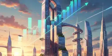 Futuristic Spanish skyline with growth graphs, symbolizing smart investments and prosperity in Spain 2026.