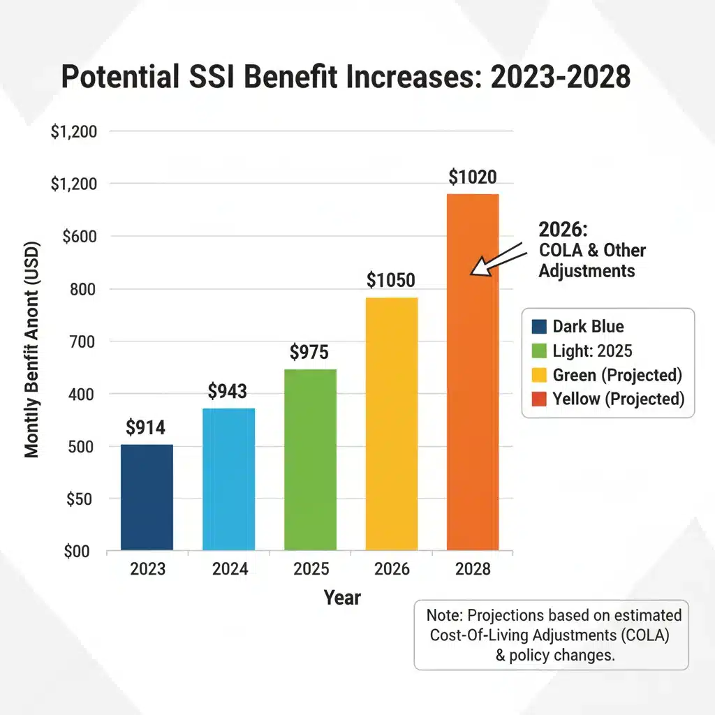 Infographic showing SSI benefit increases over time, including 2026 projections