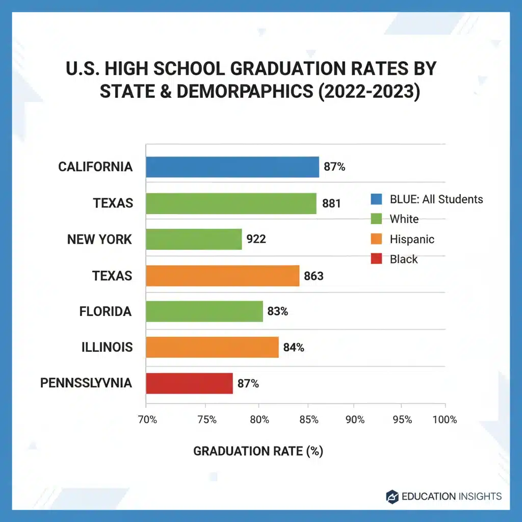 Infographic displaying state high school graduation rate comparisons by demographics.