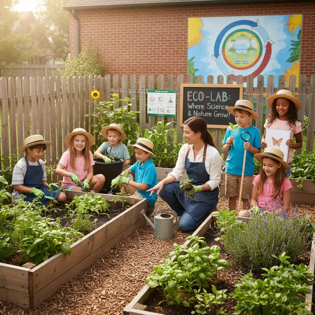 Children learning science and nature in a school garden setting.