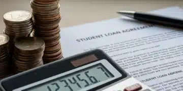 Calculator with student loan documents and coins, symbolizing financial planning for loan interest.