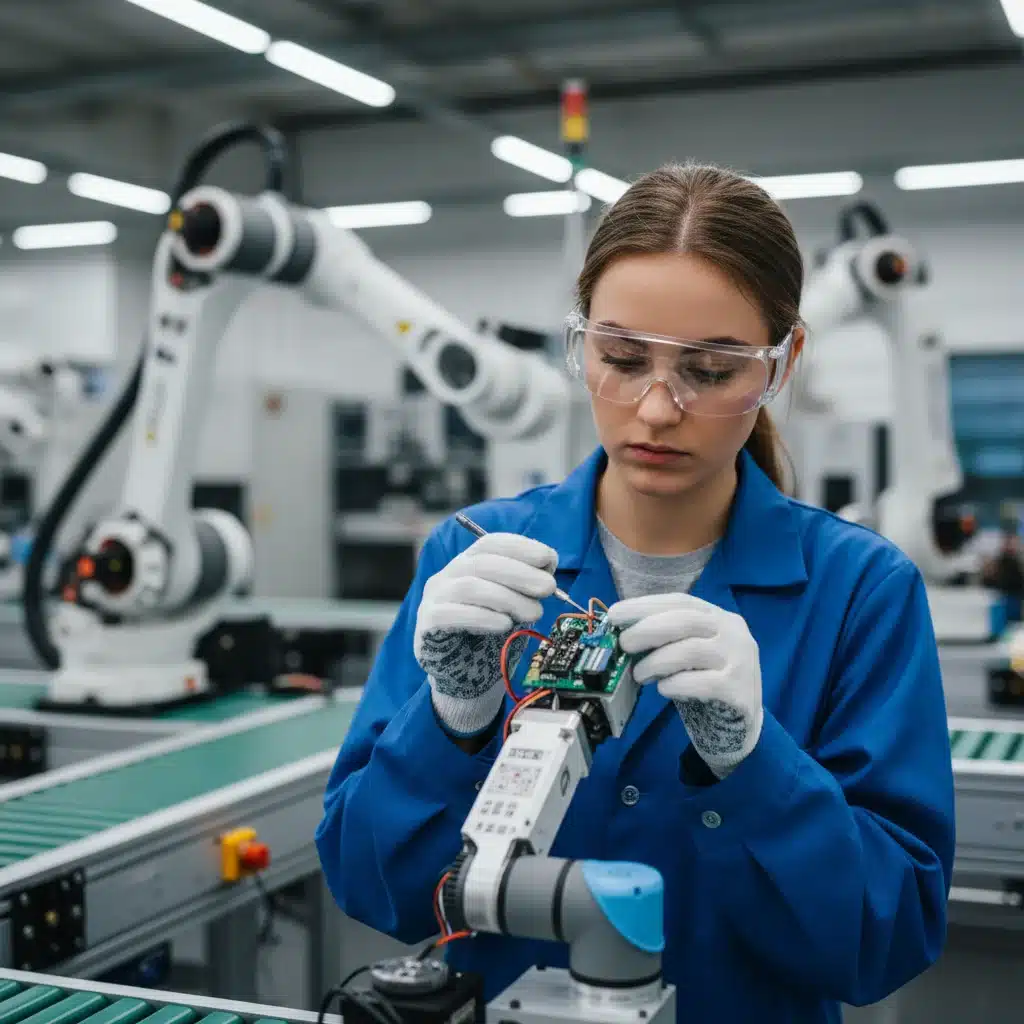 Student operating a robotic arm in an advanced manufacturing lab