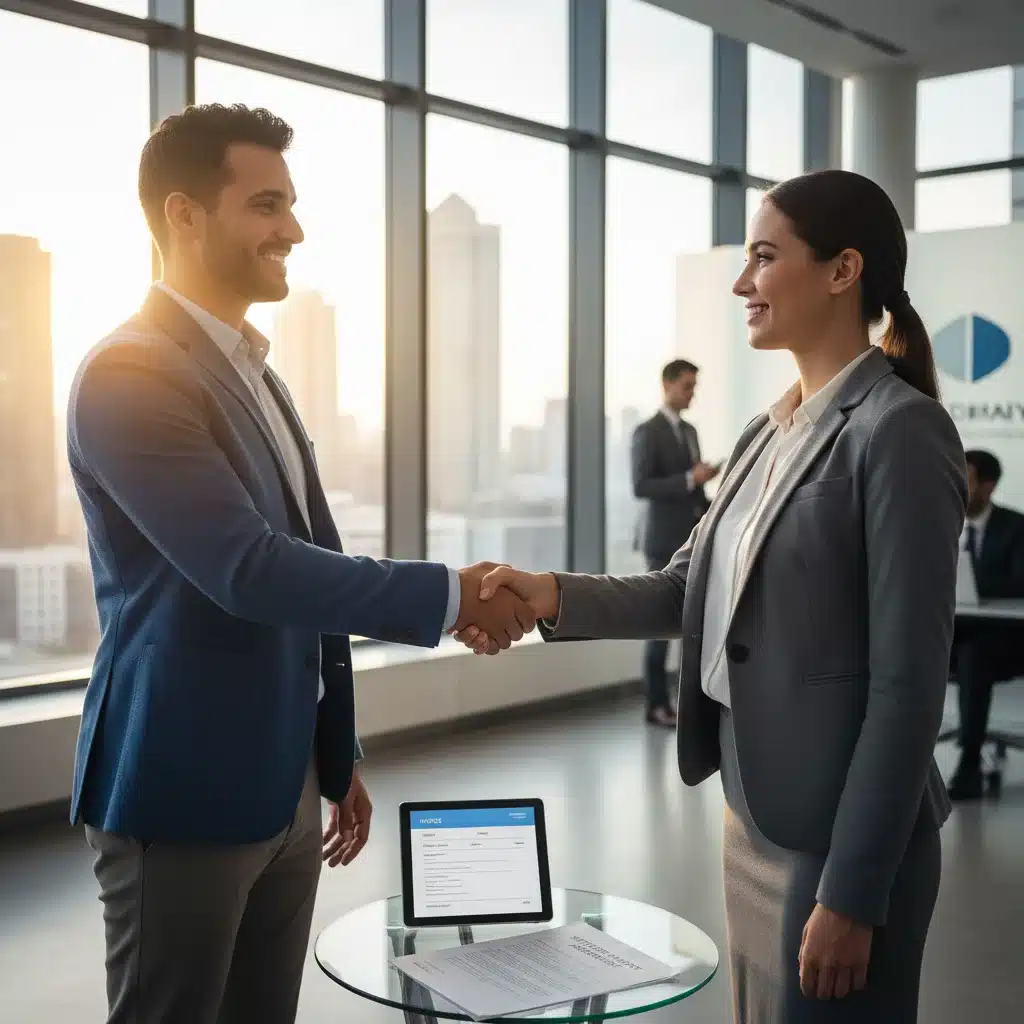Customer and service representative shaking hands after successful billing dispute negotiation.