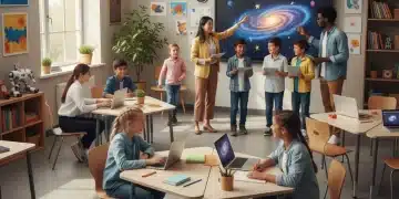 Teachers and students in modern classroom, innovative education solutions