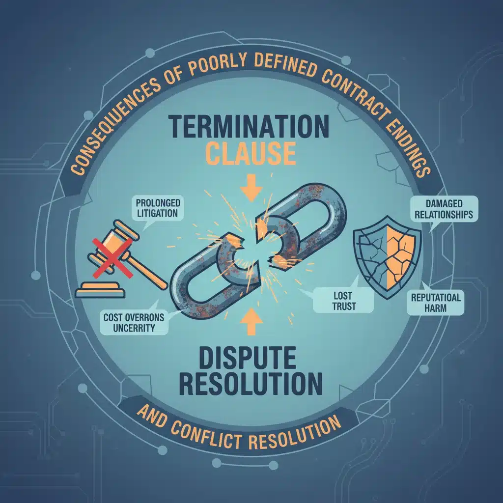 Broken chain link symbolizing contract termination issues, dispute resolution graphic