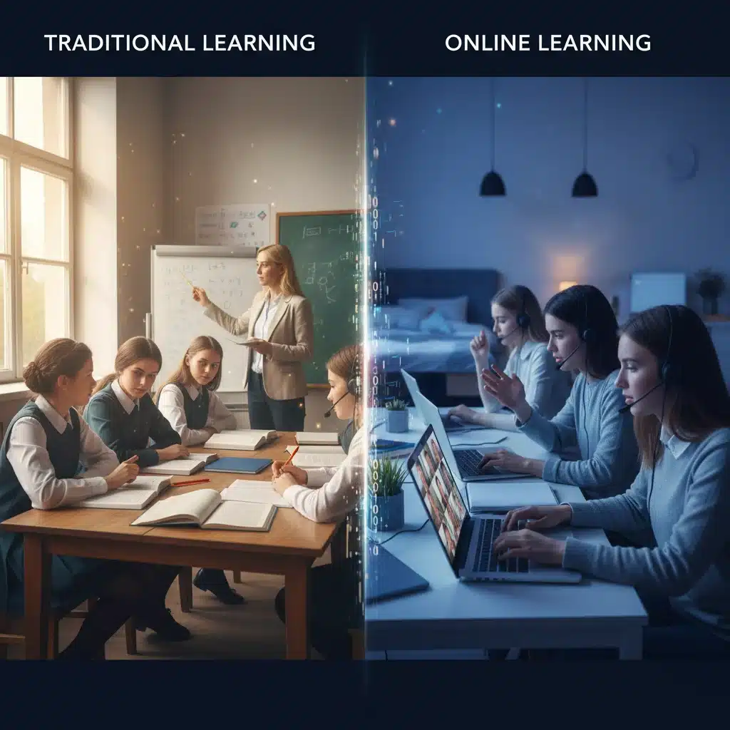 Students engaging in both traditional in-person and modern online virtual learning environments
