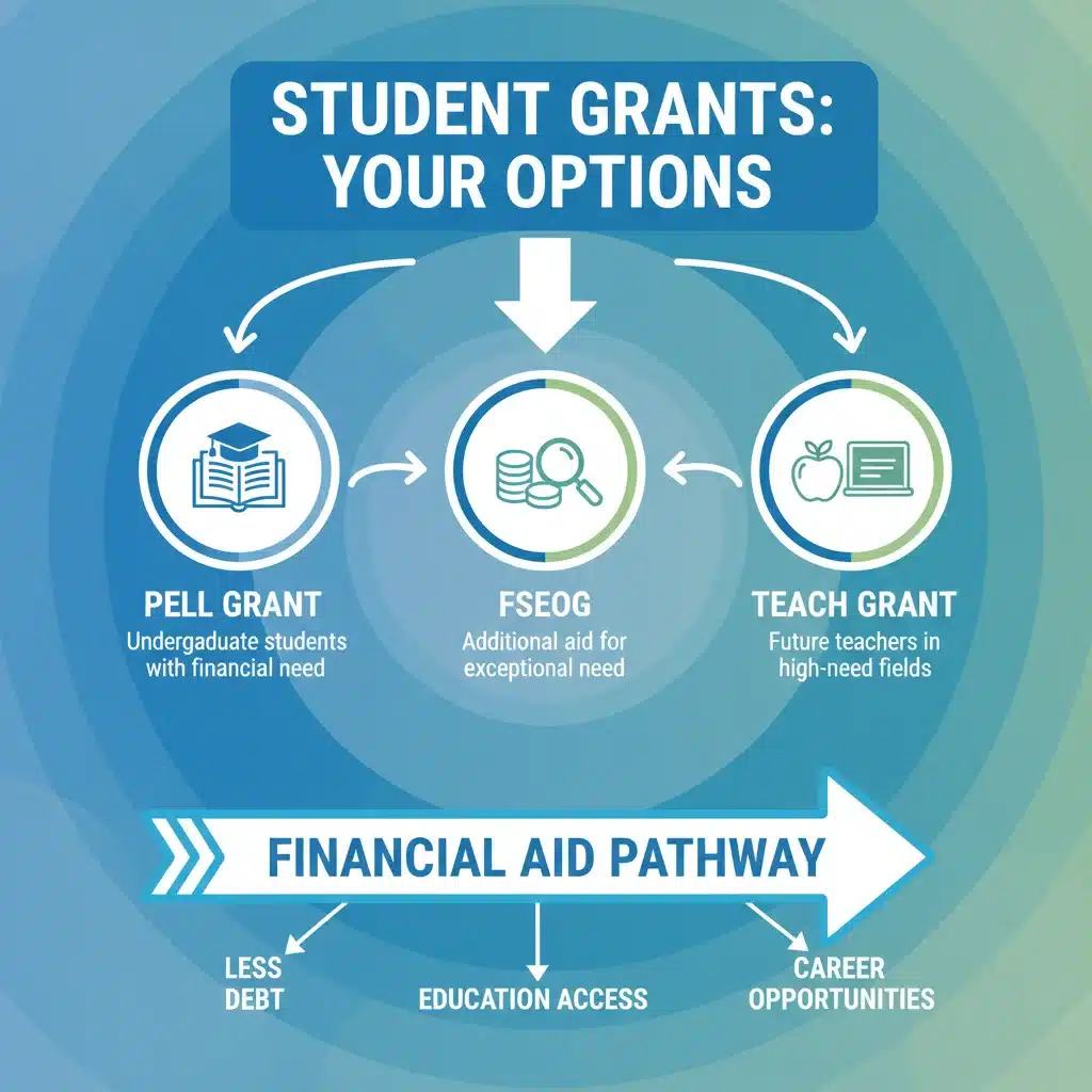 Infographic showing various federal grants like Pell, FSEOG, and TEACH for college funding.
