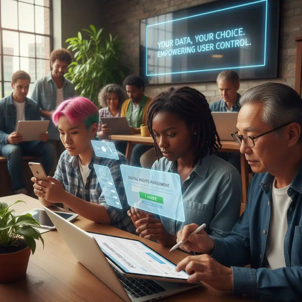 Diverse individuals reviewing privacy settings, highlighting user control over data.