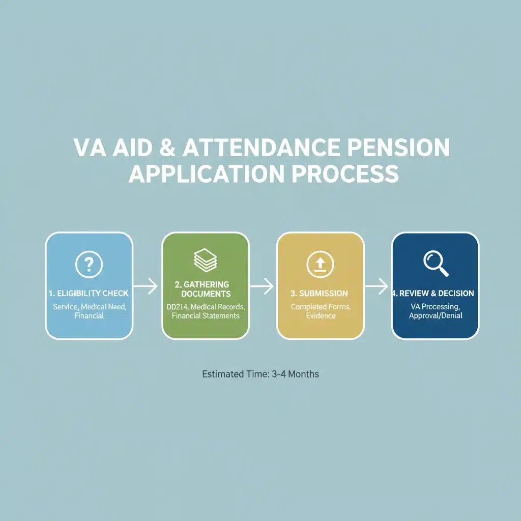Infographic illustrating the step-by-step application process for VA Aid and Attendance pension.