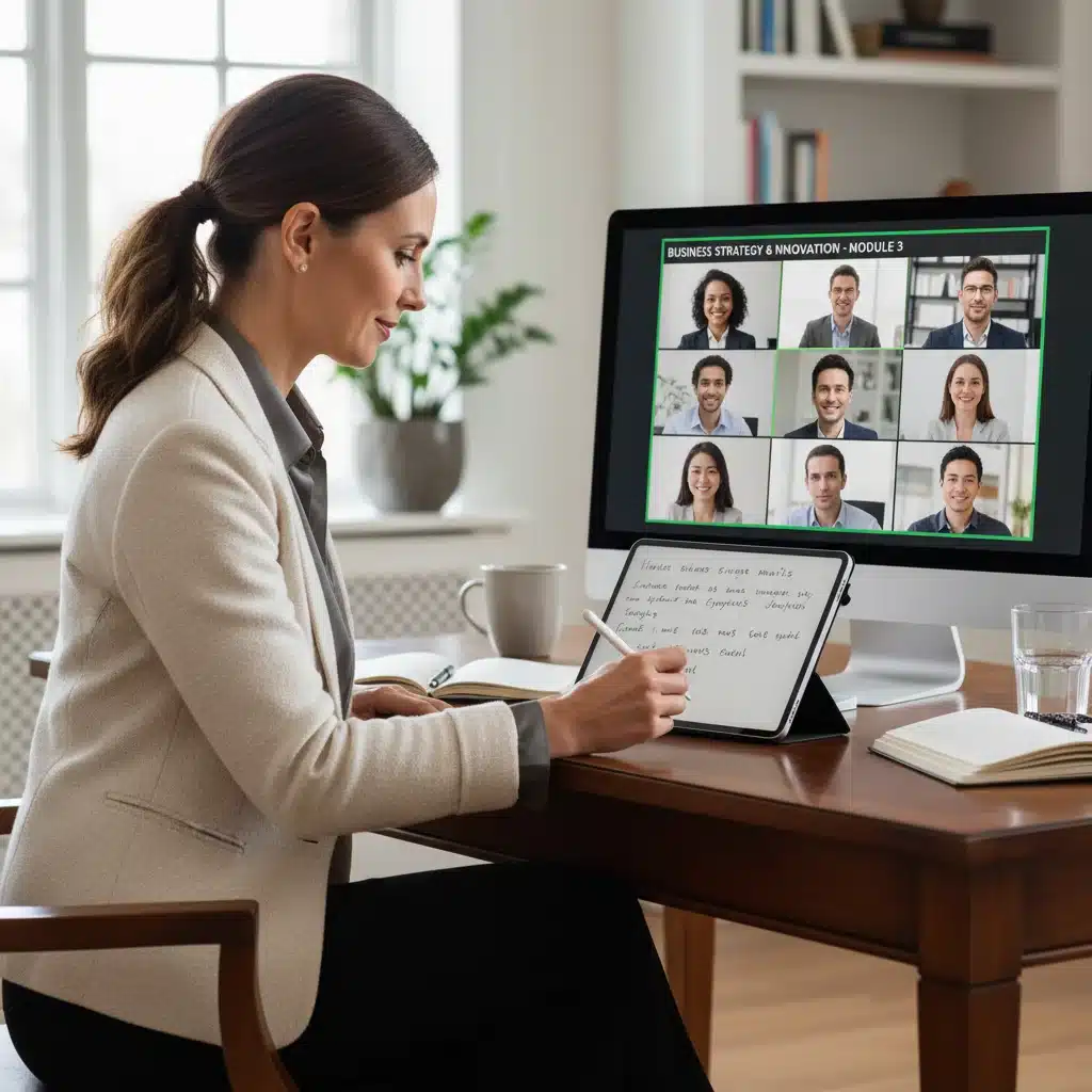 Woman participating in a virtual classroom session on her desktop computer.