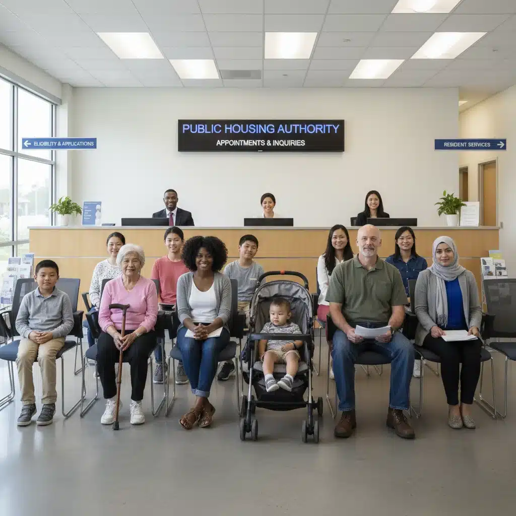 Diverse individuals waiting in a public housing authority office