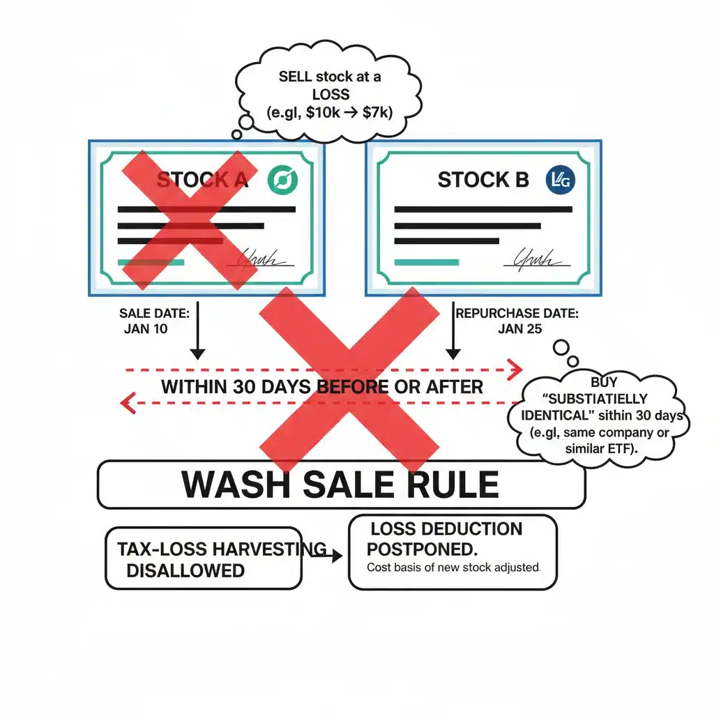 Diagram explaining the wash sale rule in tax-loss harvesting