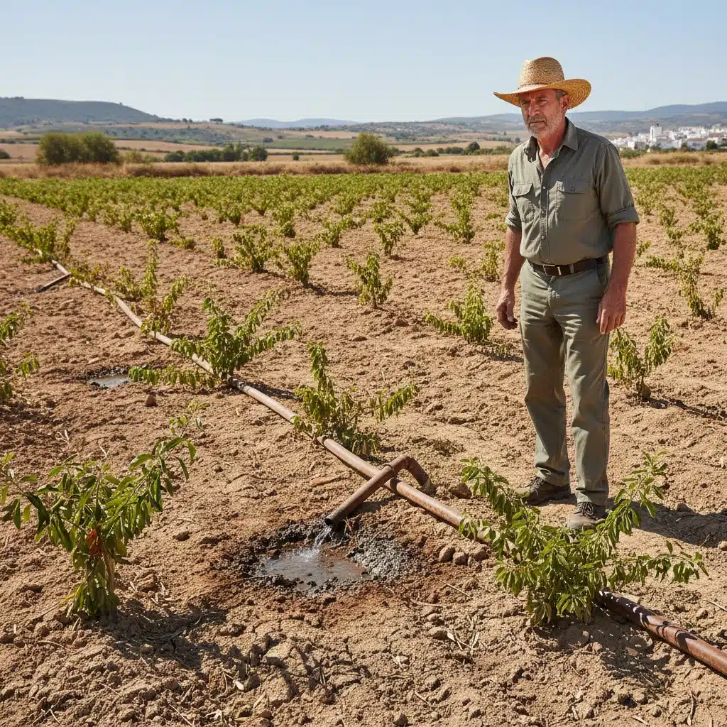 Andalusian farmer examining wilting crops amidst severe drought conditions.