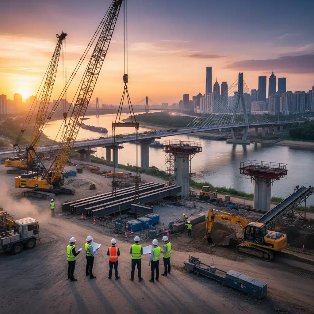 Construction workers building a large bridge, symbolizing infrastructure development.