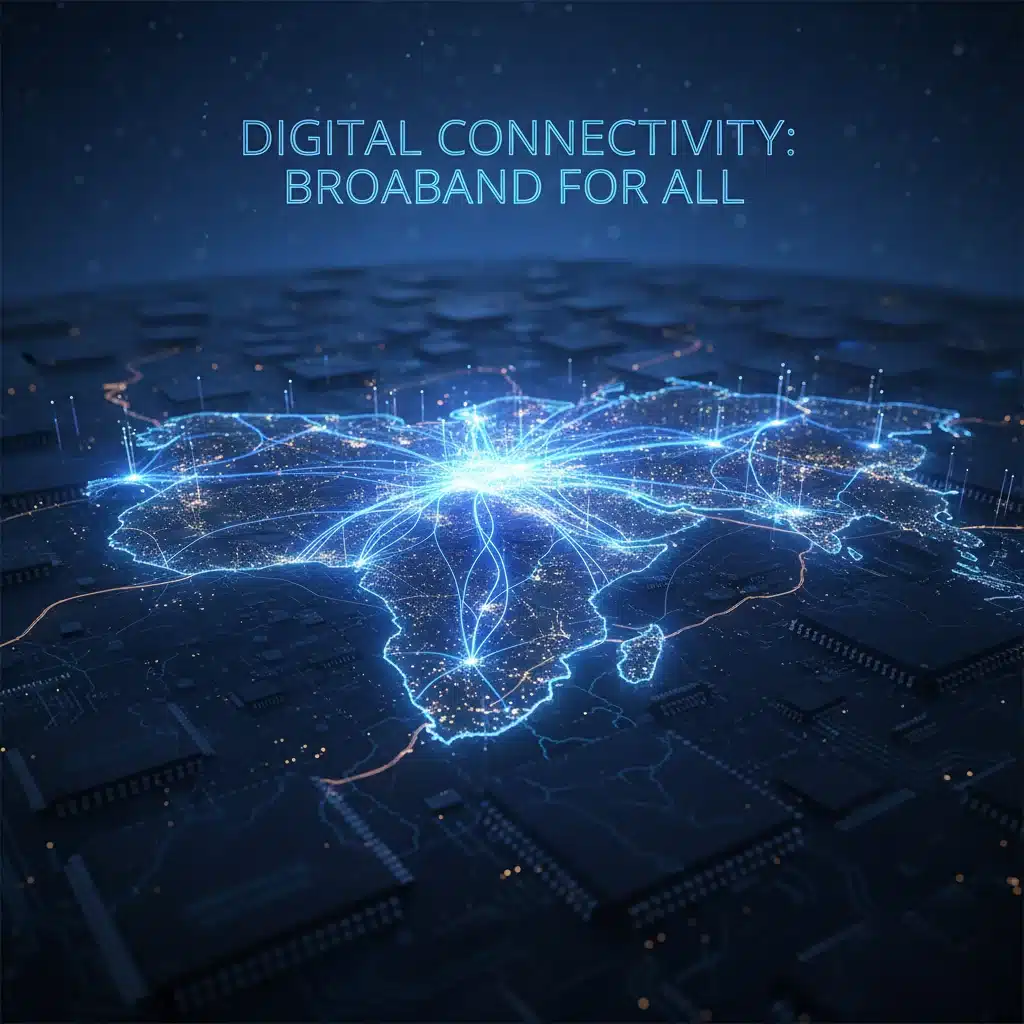 Fiber optic network cables glowing over a country map, showing digital connectivity.