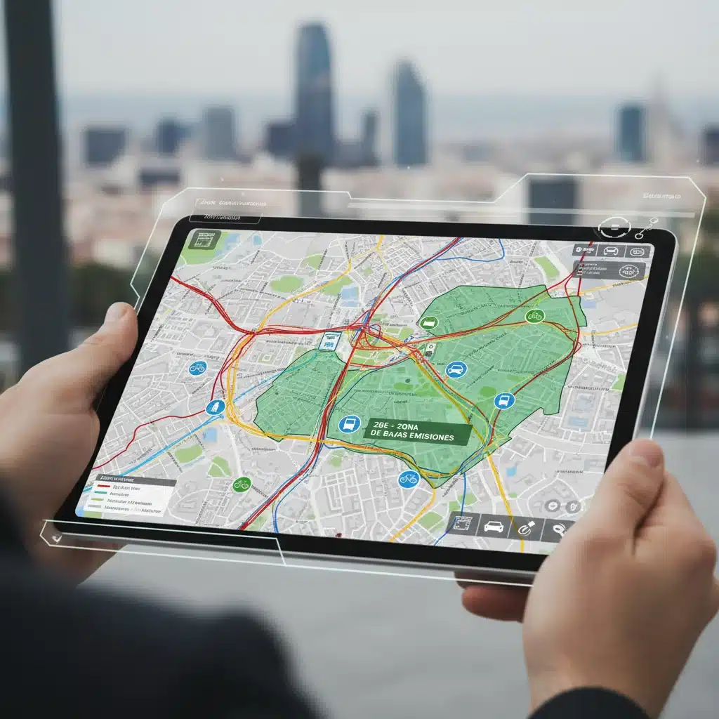 Digital map showing low-emission zones and smart traffic management in a Spanish city