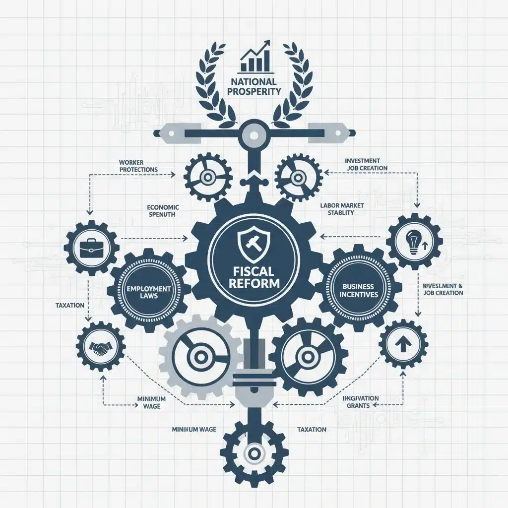 Infographic illustrating economic policy reforms and their interconnectedness.