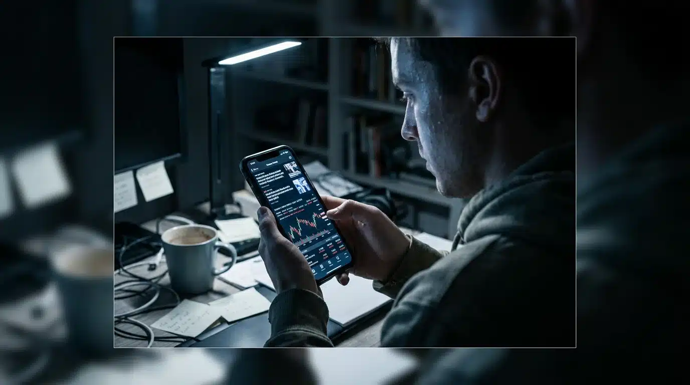 A person scrolling through a chaotic financial news feed on a smartphone, displaying information overload and decision fatigue, in a dimly lit home office.