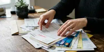 Close-up of hands sifting through a variety of financial documents, including credit card bills and loan statements, on a wooden table, symbolizing diverse financial challenges.