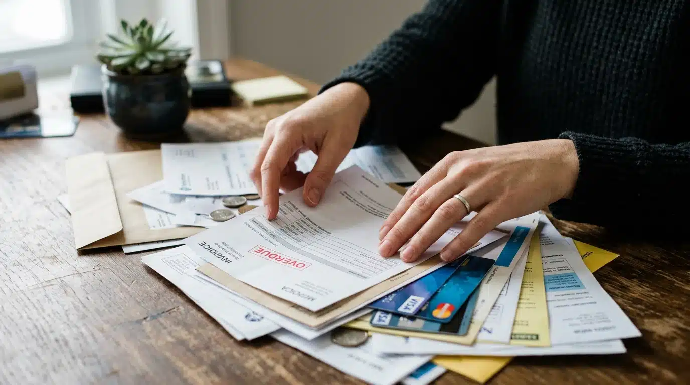 Close-up of hands sifting through a variety of financial documents, including credit card bills and loan statements, on a wooden table, symbolizing diverse financial challenges.