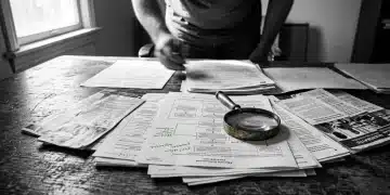 A person leans over a cluttered desk with various government benefit documents and forms, illuminated by harsh side lighting, focusing on the complexity of intersecting program rules.