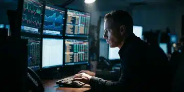 A person intently watching multiple computer screens displaying financial news and market data in a dark trading room, reflecting the economic impact of information.