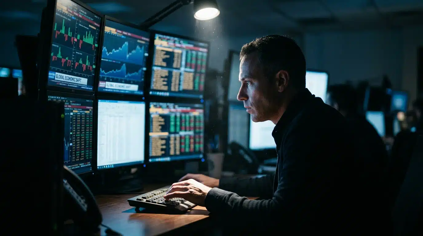 A person intently watching multiple computer screens displaying financial news and market data in a dark trading room, reflecting the economic impact of information.