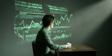 A person viewed from the side, intensely observing a green-hued, distorted news projection on a wall, symbolizing the hidden costs of biased news and its impact on financial perception.