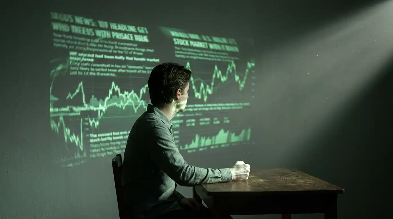 A person viewed from the side, intensely observing a green-hued, distorted news projection on a wall, symbolizing the hidden costs of biased news and its impact on financial perception.