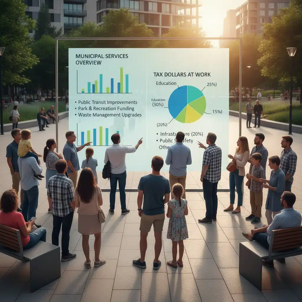 People reviewing municipal tax information and public services