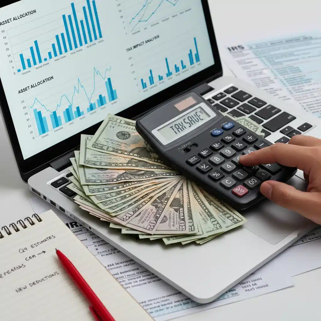 Hand calculating personal budget with tax documents
