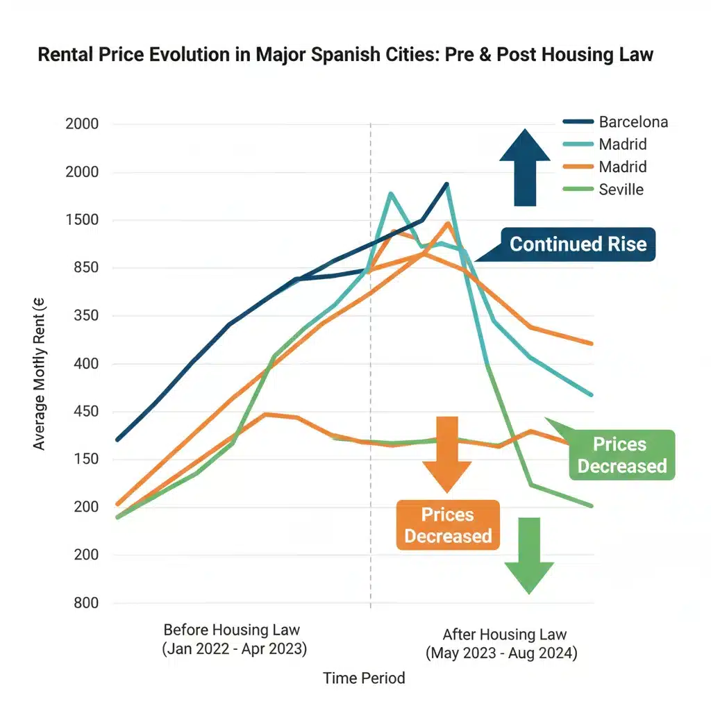 Graph illustrating rental price fluctuations in Spanish cities post-housing law