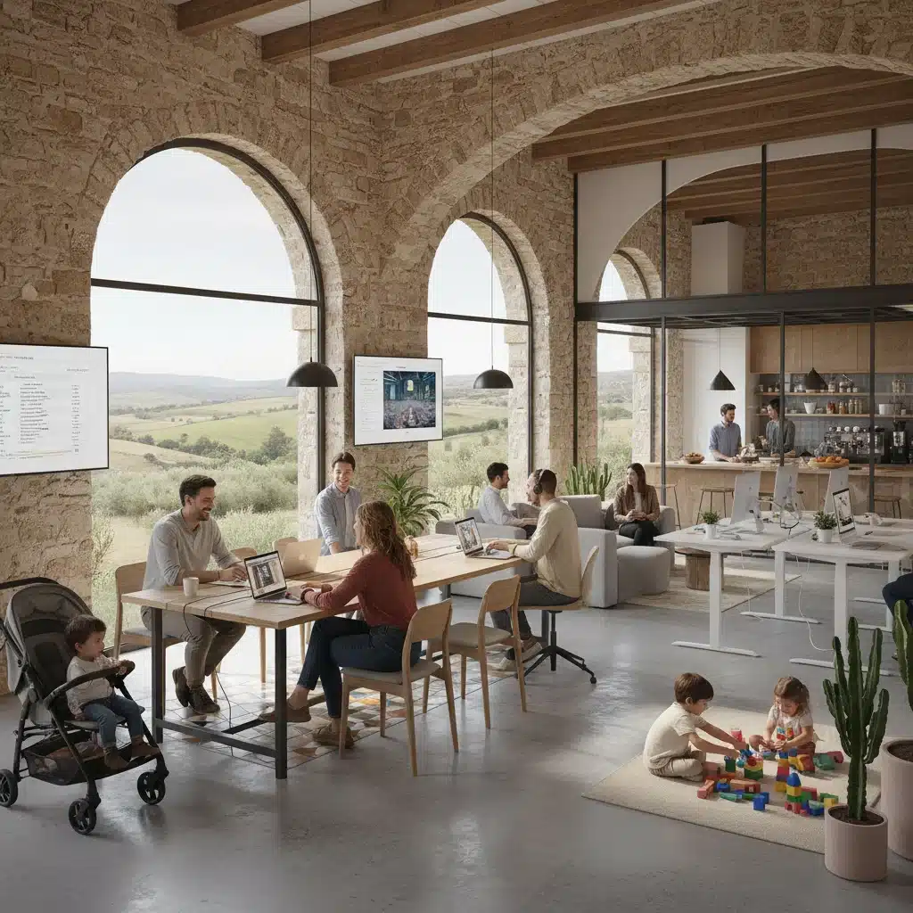 Diverse group of people in a modern co-working space in a rural Spanish town.