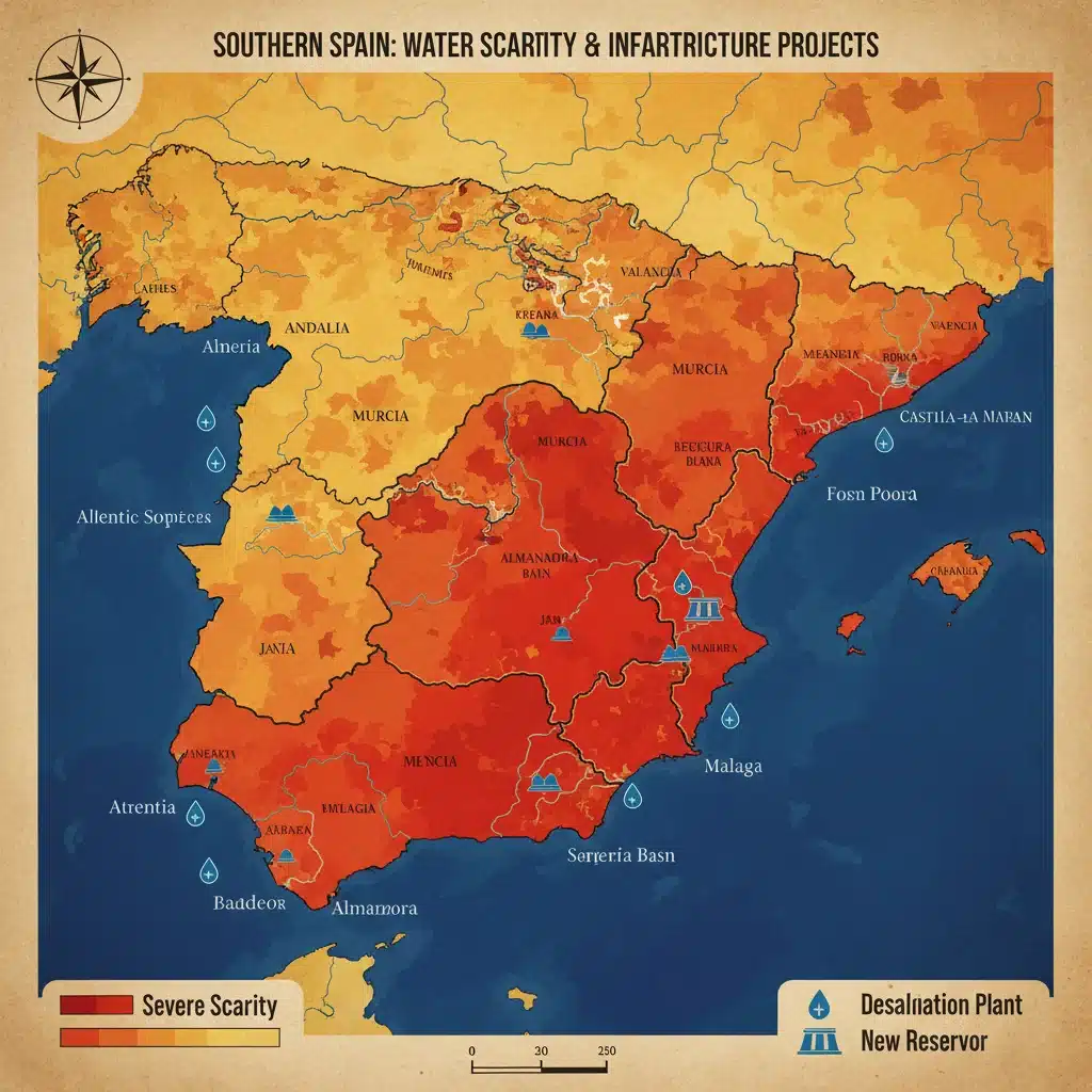 Map of Southern Spain showing water scarcity levels and government infrastructure projects.